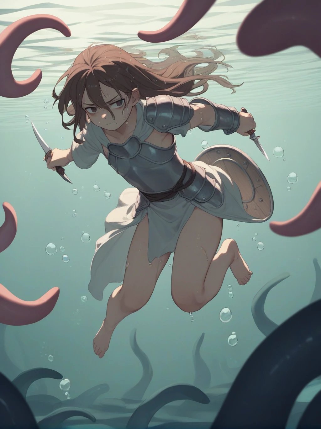 Partially underwater,最high quality,high quality, , Long Hair, Brown Hair, Wet Hair, Flat Chest,Dark underground labyrinth,No light,Cloth armor,Equipped with a dagger and a shield,Face above water,Body in water, Underwater Photography,The robe rolls up due to buoyancy,Painful face、My leg is pulled by tentacles、Being dragged into the water、Go wild