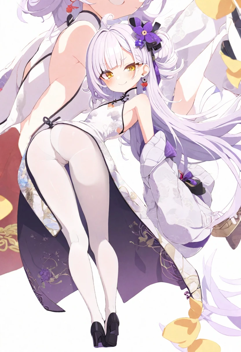 1 girl, vtuber style, cool girl, hololive, Murasaki Shion, china dress,chinese clothes, earrings, white pantyhose, Backless, back to viewer, legs, lower body, small chest, cropped shoulders, clavicle, one eye close winking, smile, close mouth, body visible through clothes, chest visible through clothes, ass visible through thighs, (full body), looking at viewer, standing, sexy pose,