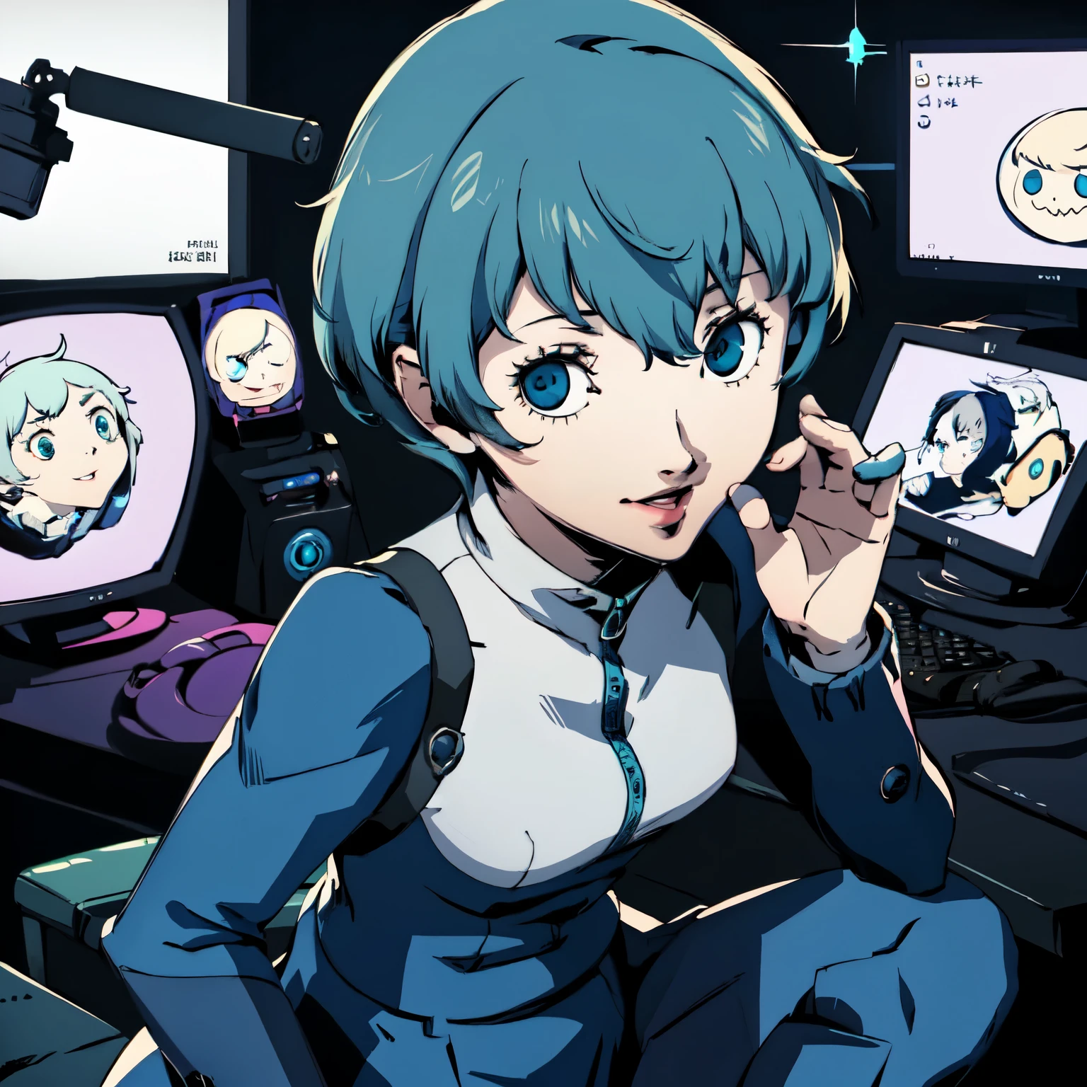 ((P3 Yamagishi Fuuka)),masterpiece, ((best quality)),((1 girl)), blue eyes, light aqua hair, female , tomboy Pixie haircut, deep blue suit,smiling,hacker,in the,dark room,sitting,looking monitor,long skirt,cute,
