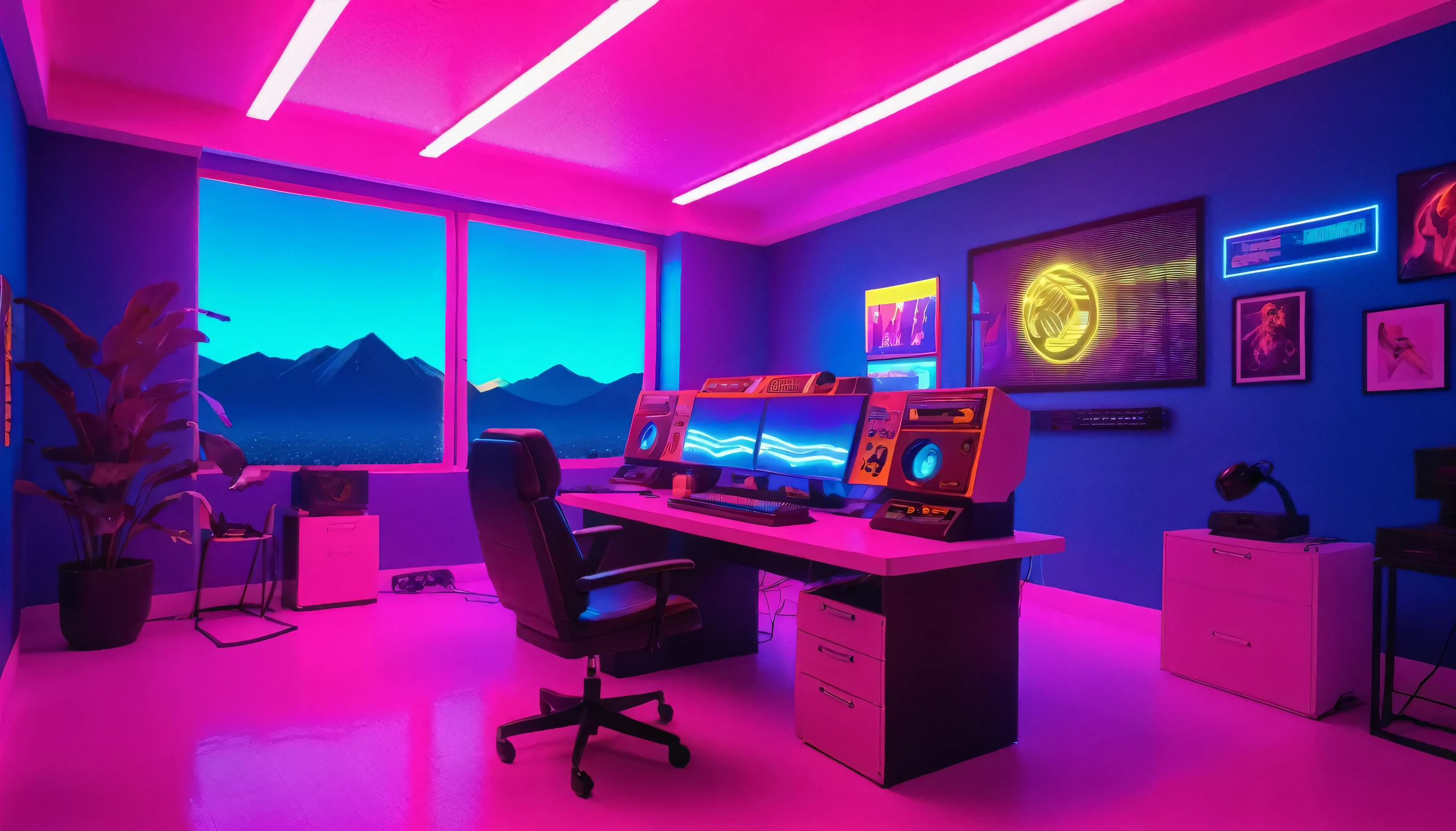 Futuristic office interior with neon track lighting, Matrix movie vibes, Holographic, Musical atmosphere, Synthwave gradation、pink、yellow、Blue Theme、1980s Neon, A beautiful interior that feels like the year 2499, Gamer&#39;s Bedroom, Book, Gradient Theme Background, No humans, Chair, Telephone, table, plant, box, scenery, machine, ball, paper, lamp, computer, monitor, Laptop, Book stack, keyboard , (computer), flower pot, mouse , (computer), screen, masterpiece, Official Art, Highest quality , Volumetric lighting, Studio Lighting, Absurd, Very detailed, 32k Ultra HD, award winning machinetop wallpaper rule of thirds, Post-apocalyptic, Super detailed photos, Landscape Photography, Wide Shot, Movie stills, Cinematic, wallpaper fusion, Wave Art Style, Holopunk Style, 