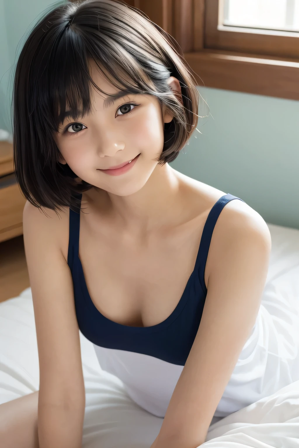 One Girl, short hair,Black Hair,smile,Inside the room, summer,bed,Sit down,Innocence,Baby Face,6th grade elementary school,Look at the small bulge of her breasts here,transparent, (masterpiece, Highest quality), Soft Light, Structure of the film, Information like a movie
