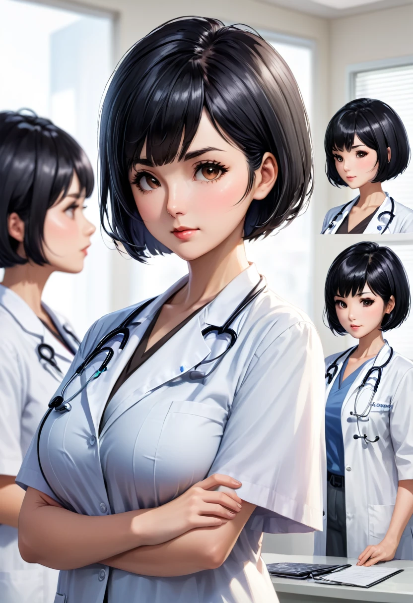 1girl, short hair,large breasts, parted bangs, black hair, blurry, bangs, (tsurime), 40yo female,Forehead, doctor cort, ((multiple_views)),