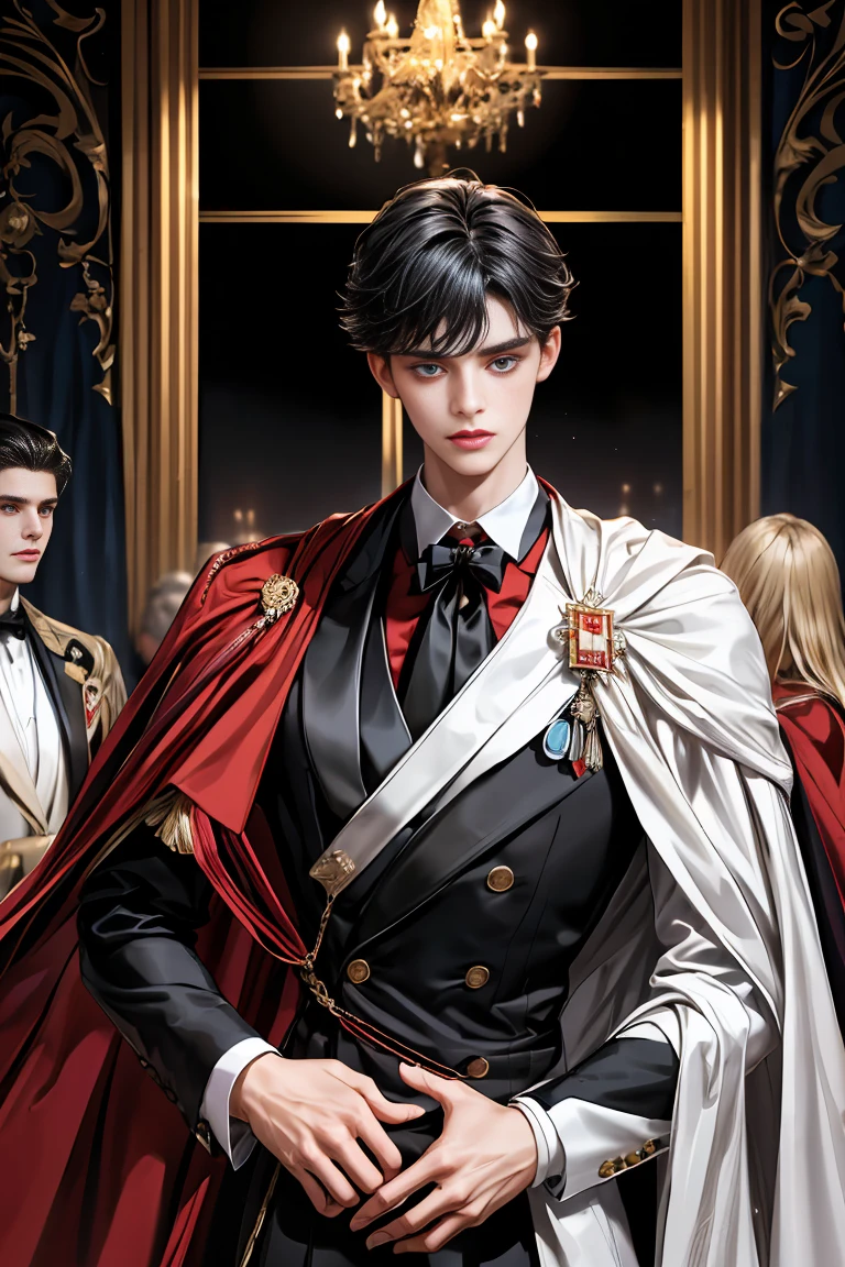 masterpiece, 最high quality, high quality, 1 boy, alone, Male focus, Watching the audience, Messy black hair, Adorable big blue eyes, White people, Noble, Noble,Sexy voluminous black and red cape、Tuxedo、A very voluminous, large, very large, very large, long, long red and black cape with a high stand-up collar, reaching down to the floor, made of a lot of fabric., 17 years old,Cute beautiful boys,Cute, cute, kind, handsome guy