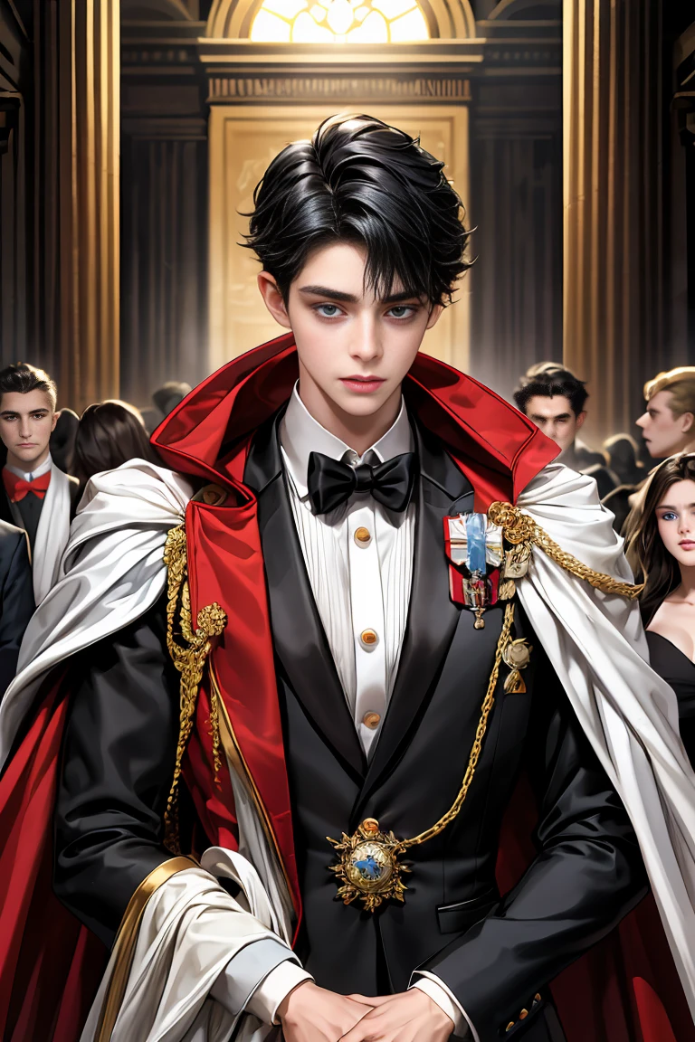 masterpiece, 最high quality, high quality, 1 boy, alone, Male focus, Watching the audience, Messy black hair, Adorable big blue eyes, White people, Noble, Noble,Sexy voluminous black and red cape、Tuxedo、A very voluminous, large, very large, very large, long, long red and black cape with a high stand-up collar, reaching down to the floor, made of a lot of fabric., 17 years old,Cute beautiful boys,Cute, cute, kind, handsome guy