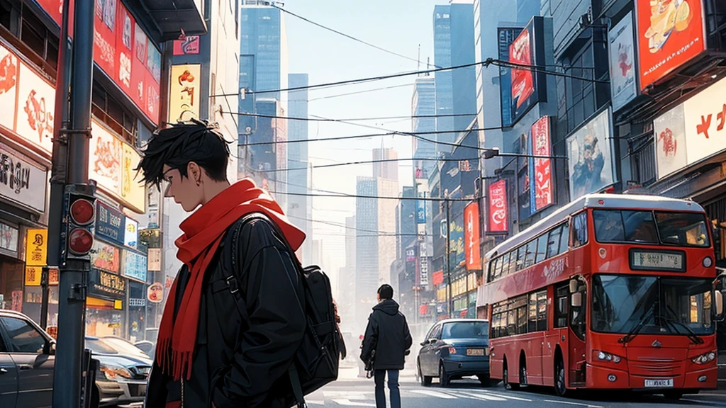 morning、Cool and beautiful Asian boy with black hair, Denim pants、Black jacket、scarf、A red bus passing nearby, The man is at the back of the bus.、Neighbor々Having a fun conversation、Perfect Face, Black jacket, Neon Black, (Backlit: 1.1), Hard Shadows, masterpiece, Highest quality, Complex, Model shooting style, Vintage, Film Grain, Incomplete details、Natural Body、profile、Photo taken from a distance、Life is fun、The cityscape is depicted on a large scale.、The figures are drawn small.City of night,
