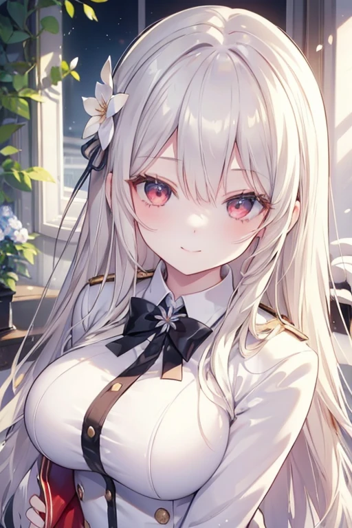 young girl, silver-blonde hair, red eyes, beautiful and detailed eyes, white academy uniform, blazer, big breasts, long hair, (In the flower garden )Smiling mischievously 