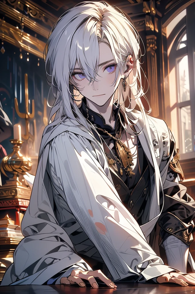 A handsome young man of 22 years old, slender, albinism, pale skin, medium length white hair, bangs, violet eyes (medieval sculptor's outfit, sleeveless) Medieval, in a medieval studio, sculptures in the background, paints, paintings