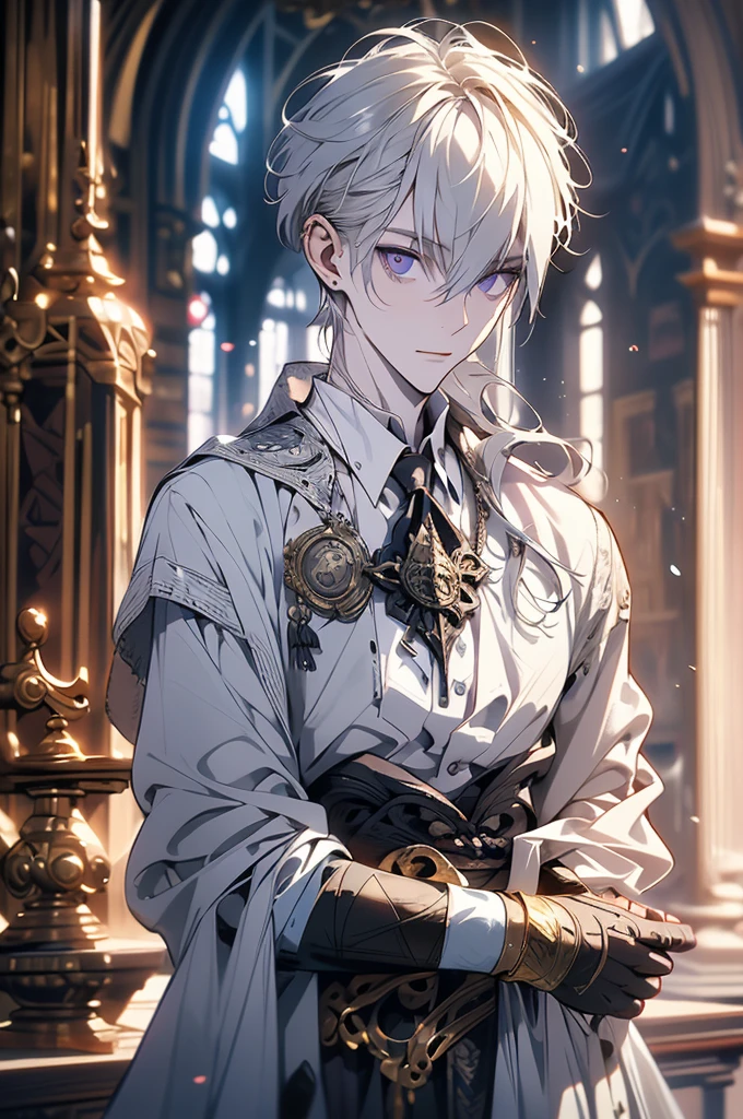 A handsome young man of 22 years old, slender, albinism, pale skin, medium length white hair, bangs, violet eyes (medieval sculptor's outfit, sleeveless) Medieval, in a medieval studio, sculptures in the background, paints, paintings