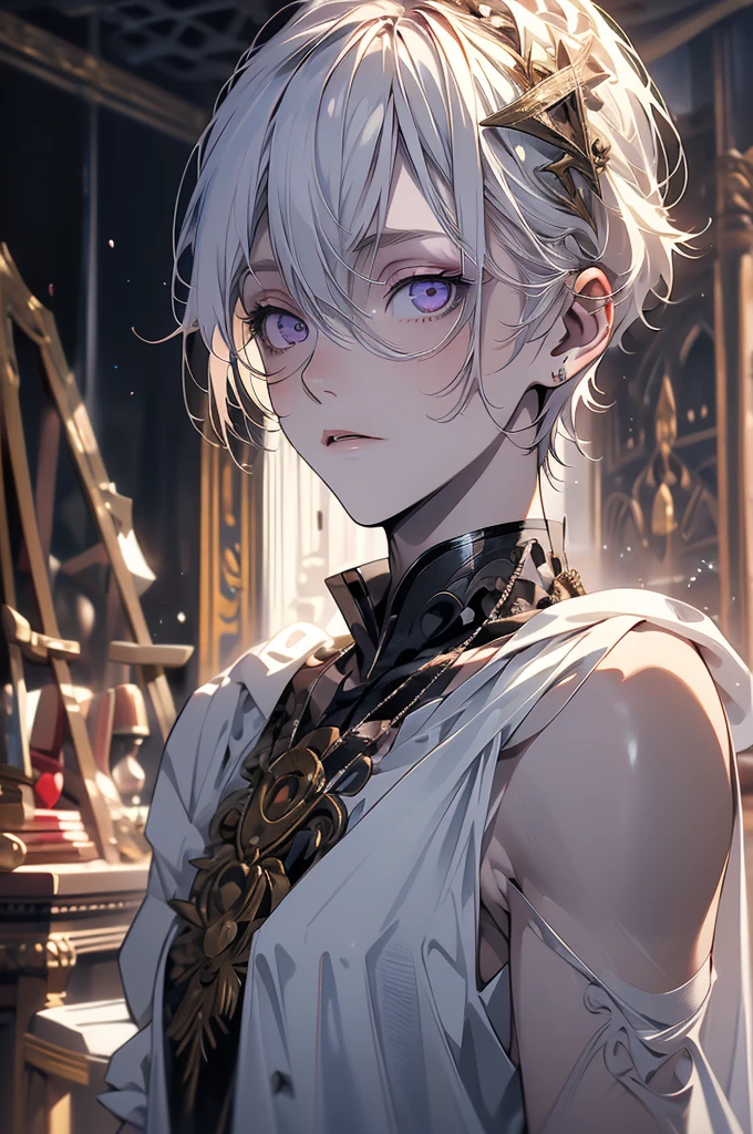 A handsome young man of 22 years old, slender, albinism, pale skin, medium length white hair, bangs, violet eyes (medieval sculptor's outfit, sleeveless) Medieval, in a medieval studio, sculptures in the background, paints, paintings
