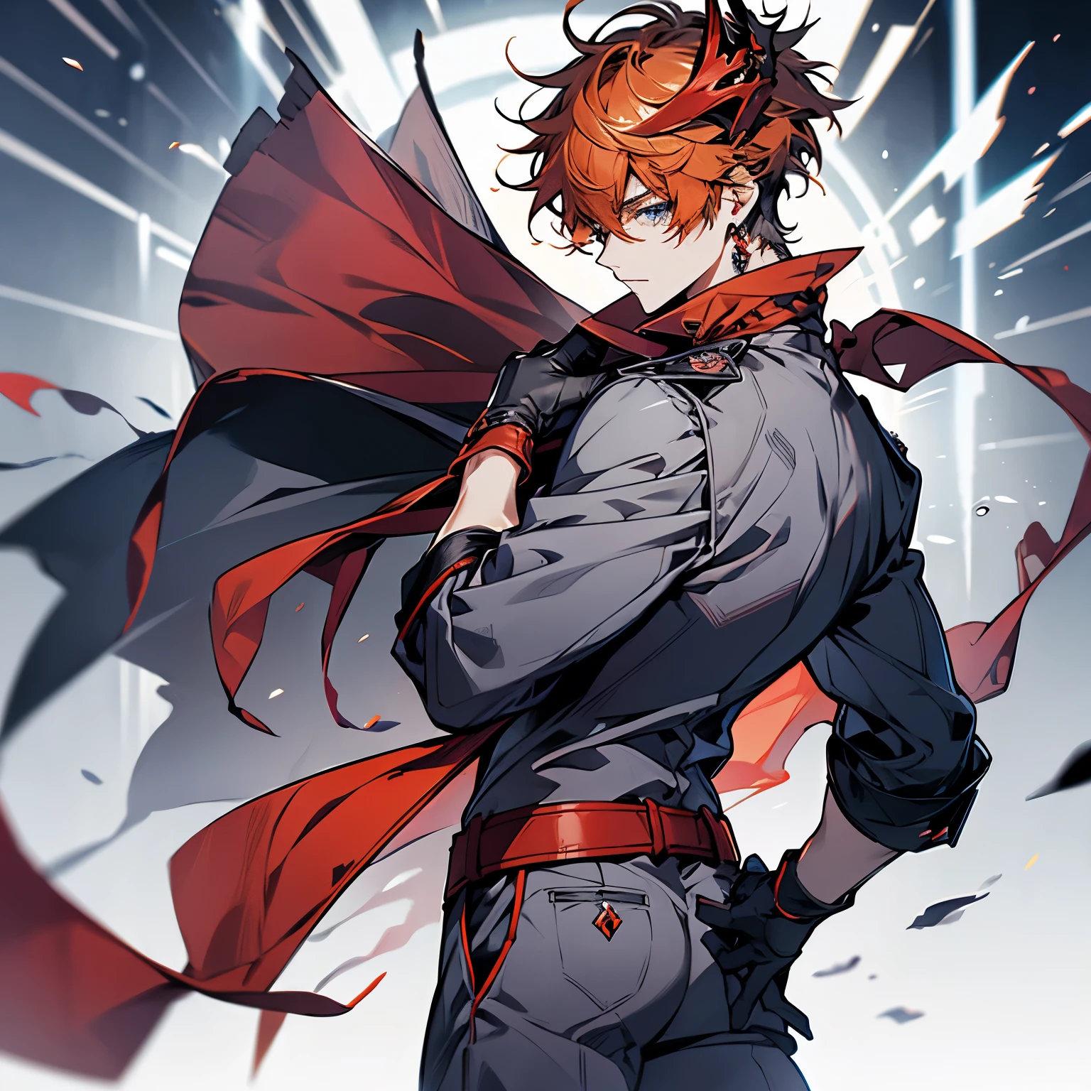 childe, solo, short hair, blue eyes, shirt, gloves, 1boy, hair between eyes, jewelry, jacket, male focus, earrings, black gloves, pants, orange hair, mask, single earring, red scarf, grey jacket, mask on head, half gloves, grey pants, red mask, dynamic pose, from the side or rear