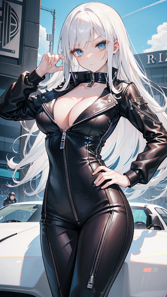 beautiful girl，(Racing girl)，Leather jumpsuit，(黑色Leather jumpsuit)，Leather Clothes，White long hair，(White hair)，Bangs，Zipper to open，(Leather jacket zipped up)，(The zipper is fully unzipped)，((Cleavage))，Open your heart，(Shy expression)，Sit on a race car，(Lift one leg)，Blue sky and white clouds