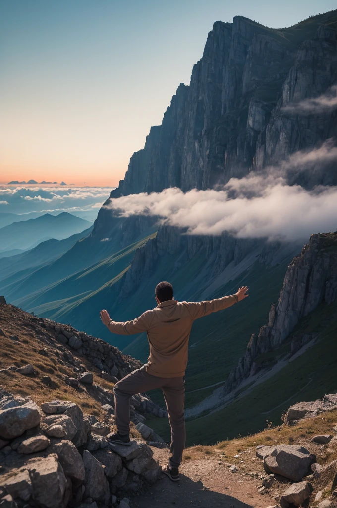 Make a picture of a man on top of the mountain raising his hands to the sky thanking God for another day