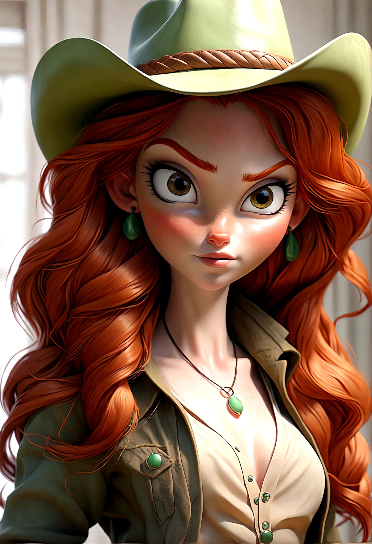 (Best Quality, high resolution: 1.2), ultra detailed, (realist: 1.47) redhead, medium red hair, green eyes, , 25 years, whole body, With thong and cropped cowgirl style.