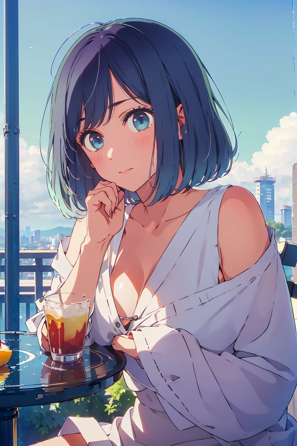 (Highest quality:1.4、8K:1.4、detailed)、F cup bust、Big Breasts、Slim body、Very white beautiful skin、((((1 person、Surprised expression、sit、Chair、In the background are the urban buildings of Tokyo、looking at the camera、Outdoor café terrace、Navy hair color、juice、Shooting up close、Shooting from an angle、table、Very cute face))))、((((nude、very beautiful areola))))、(Hand touching cheek pose:1.4、Cheek resting on hand:1.4)、Off-the-shoulder blouson、Black blouson with zipper、Very blue sky、A completely cloudless sky