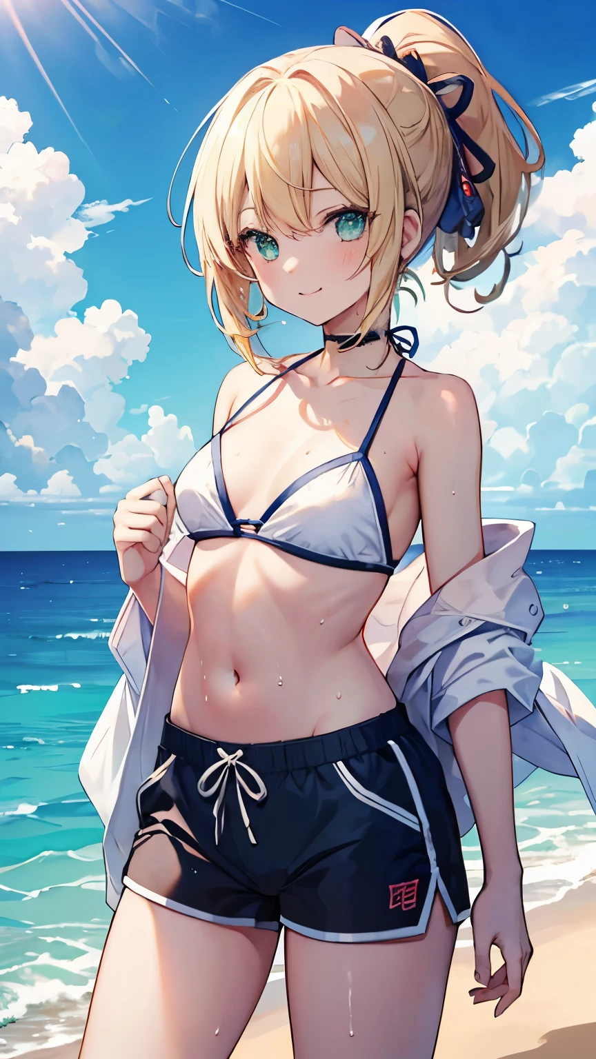 Highest quality:1.1)、(masterpiece:1.2)、(solo)、Watching the viewer、Ocean、summer,Swimwear,Sarashi,Shorts,Flowing sweat,,Umbilical cord,Girl,whole body,blue sky,Blonde,ponytail,Green Eyes,slender,samurai,smile