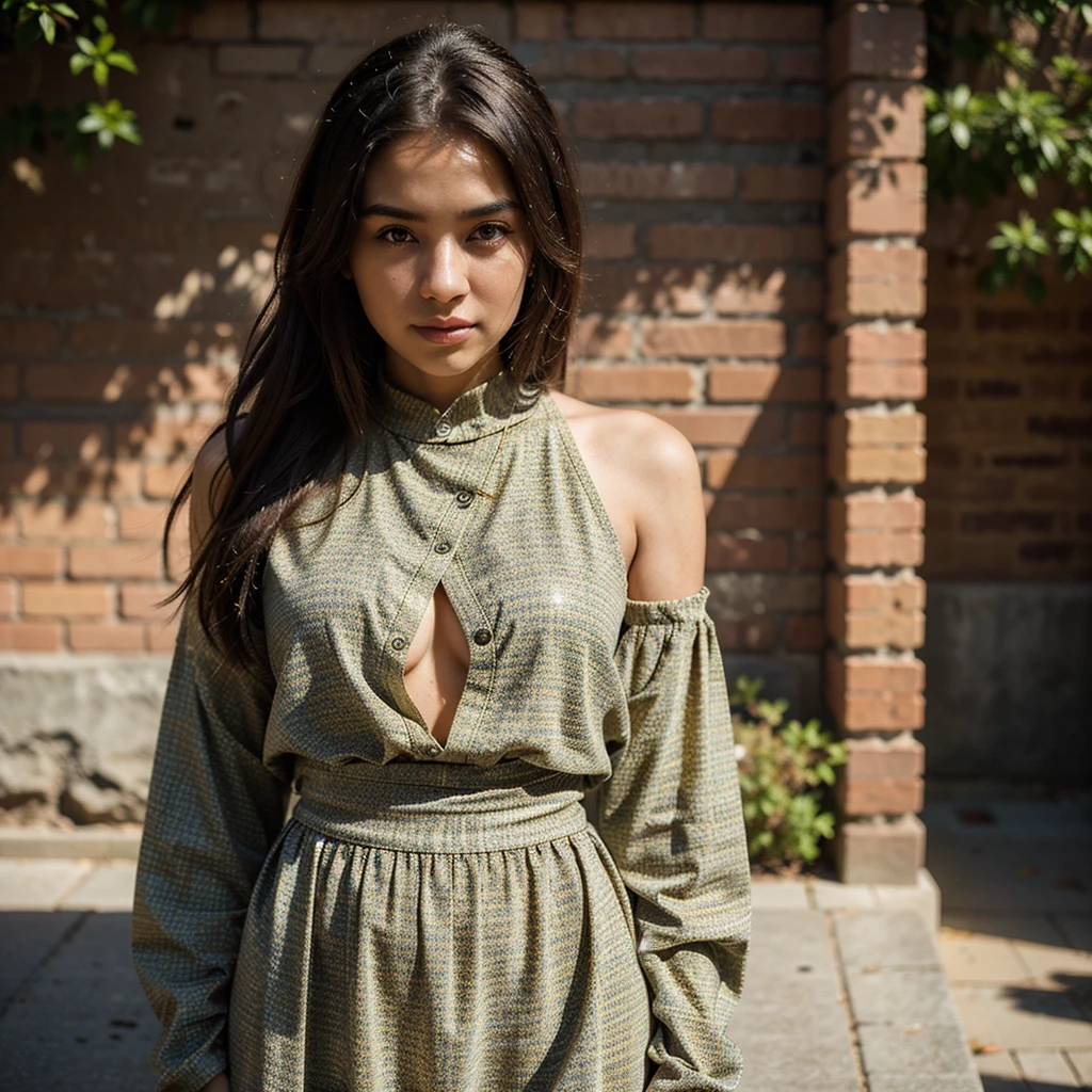 "Street Style Photo of a Woman, Captured in Spectacular High Resolution by Sony a7RIII. The image showcases a fashionable and trendy woman, adorned with vibrant streetwear, casually leaning against a rustic brick wall. The sunlight embraces her silhouette, casting a warm, radiant glow on her face, accentuating her flawless complexion and intricate details. Her eyes, illuminated by the golden sun, exude a confident and captivating aura. The depth of field is shallow, with the background softly blurring to create a stunning focus on her unique style and captivating appearance. This image, expertly captured during the golden hours,