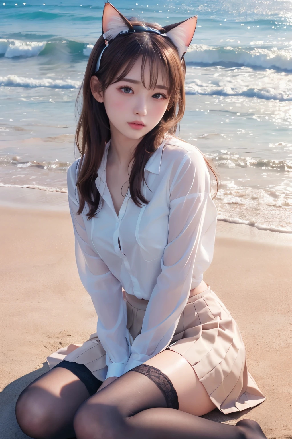 (Cat ears:1.3), (Showing off panties:1.2), (Professional portrait, Realistic and perfectly shaped subjects:1.3), (masterpiece, highest quality:1.2), (Realistic, Ultra-realistic, Realistic:1.3), (ultra High resolution), High resolution, Intricate details, Super detailed, (Highly detailed CG, unity 8k wallpaper:1.3), Clear image,
break
(1 Japanese girl, 16 years old), (cute, Slender figure), (Perfect ???????, Correct limbs:1.2), (Perfect hands), Perfect Arms, Beautiful and delicate face down to the last detail, Beautiful and delicate eye and eye highlights, (Very thin and delicate、not too long lashes), (Captivating eyes, Beautifully detailed eyes and face), light makeup, Pink Lip, Lip gloss, Stylish face, (Shiny skin, Realistic skin detail), Brown Hair, medium chest
break
, (High school girl), 
(White open shirt:1.3), (Pleated skirt:1.2),
(Black socks), 
break
(Sunset seashore :1.3), sitting in the beach, (Cowboy Shot), break 
(((blush:1.4))), ((Embarrassing:1.4)), (((shy:1.5)))
break
from below
break