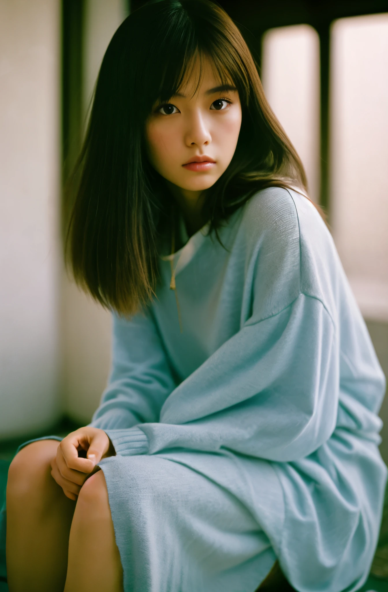 Kodak ULTRAMAX 400, 35mm film photo, cool fashionable japanese woman, emotional photo, single focal length lens, portrait, Japanese photography style, Photo-detailed portrait style, Full body shot,