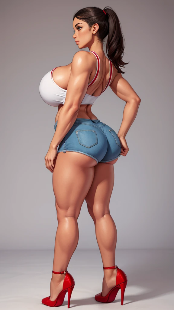 Fit babe, wide , tiny tube-top, upper body turned towards viewer, side view, micro shorts,  bulge, lower body turned to side, wide round , round , full body view, red heels, 