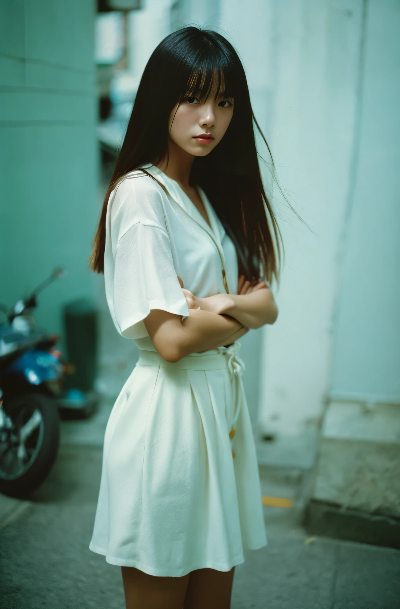 Kodak ULTRAMAX 400, 35mm film photo, cool fashionable japanese woman, emotional photo, single focal length lens, portrait, Japanese photography style, Photo-detailed portrait style, Full body shot,