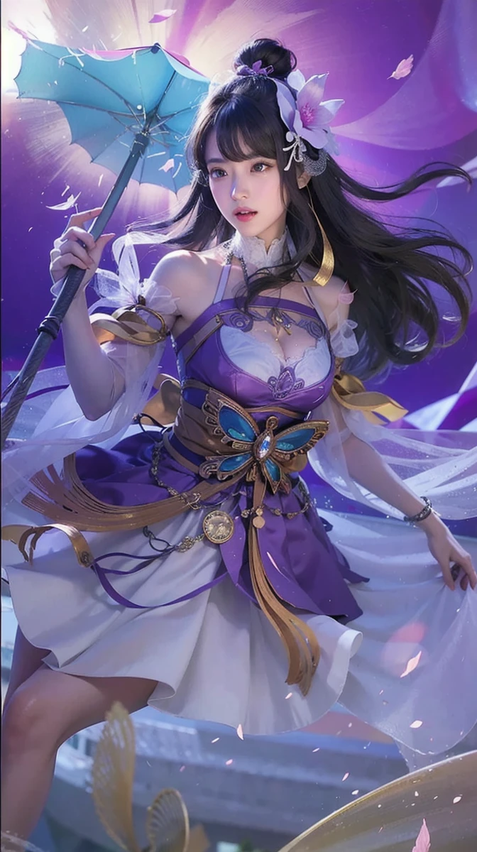 best quality,masterpiece,extremely detailed,high res,4k,ultra high res,detailed shadow,ultra realistic,realistic,dramatic lighting,1girl,solo,detailed face,realistic eyes,realistic skin,white dress,purple hair,dynamic pose, white lace dress