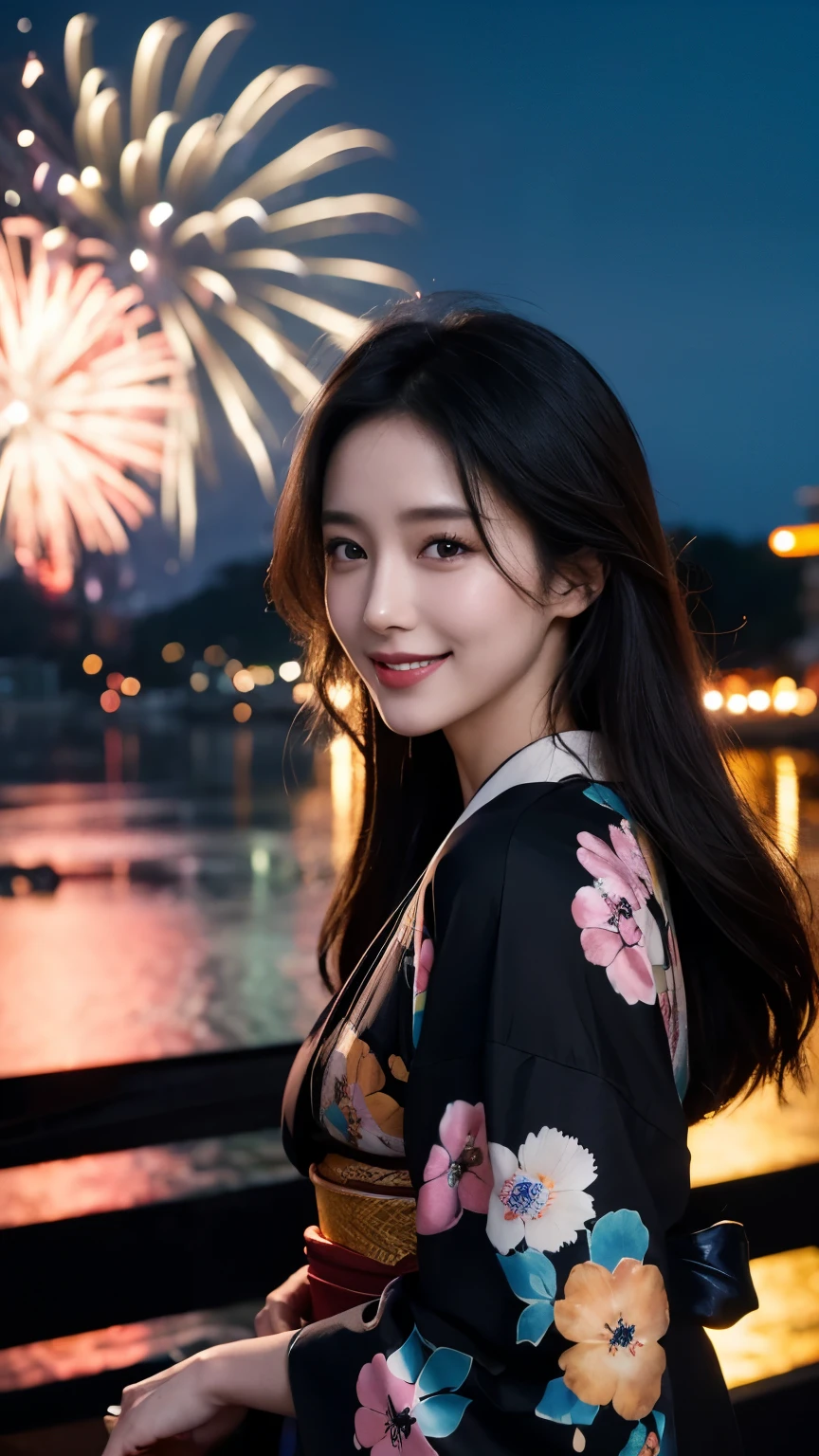 Beautiful supermodel woman with dark hair, A lock of hair with slight highlights, black eyes, mixed media, sexly,Japanese style festival background,Colorful kimono , Liquid color flows across her face, Photographed by Yui Aragaki、smile、(night)、(Enjoying the fireworks)