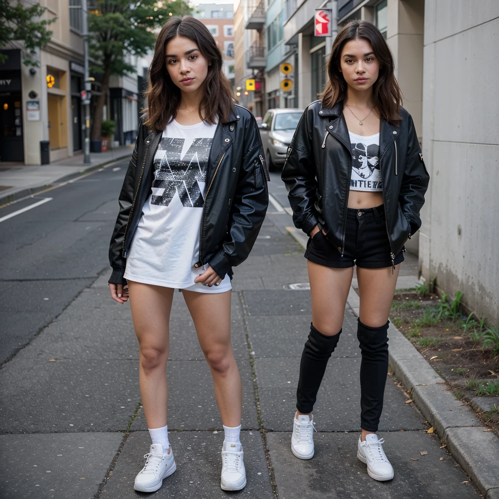 (Best quality, Ultra-detailed, High-resolution: 1.2), Sony A7RIII, RAW format, 70mm lens, f/1.4 aperture, (Sharp focus on facial features: 1.2), Sunlight (midday: 0.8), golden hour hue, street chic, (High fashionable, trendy: 1.1), woman, mid-20s, (Loose curls: 0.8), (Medium makeup: 0.9), dressed in a vibrant, Streetwear-inspired outfit, layered clothing with bold graphics, statement accessories like (sneakers: