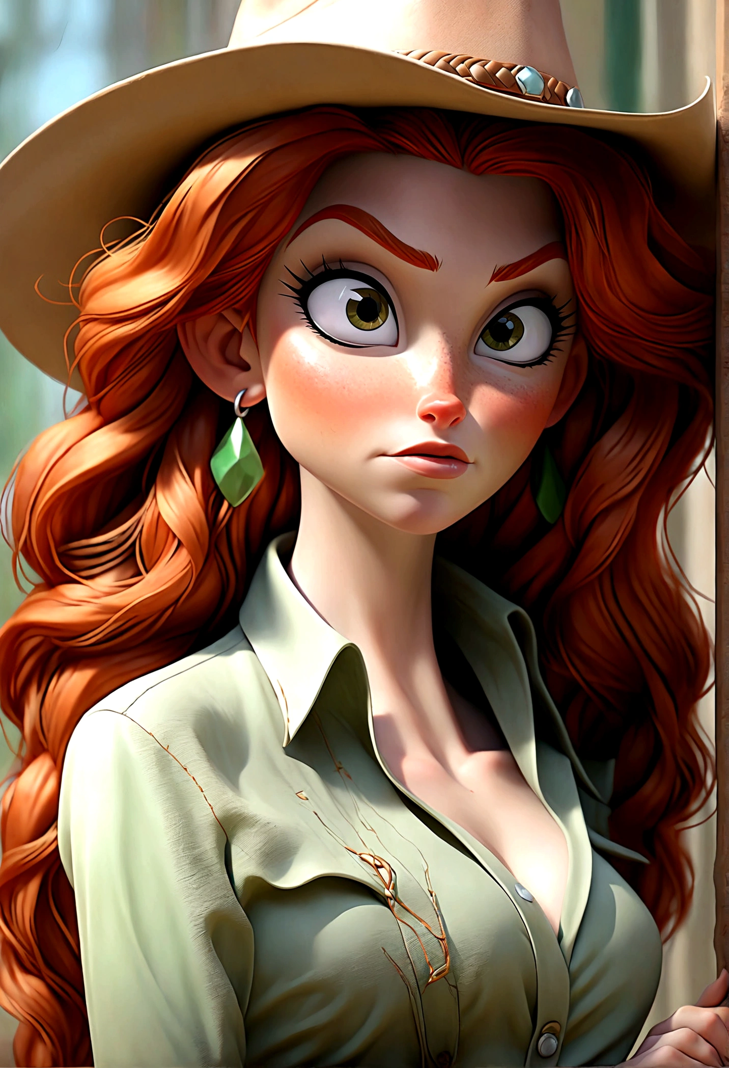 (Best Quality, high resolution: 1.2), ultra detailed, (realist: 1.47) redhead, medium red hair, green eyes, , 25 years, whole body, With thong and cropped cowgirl style.sexy,suggestive,seductive face