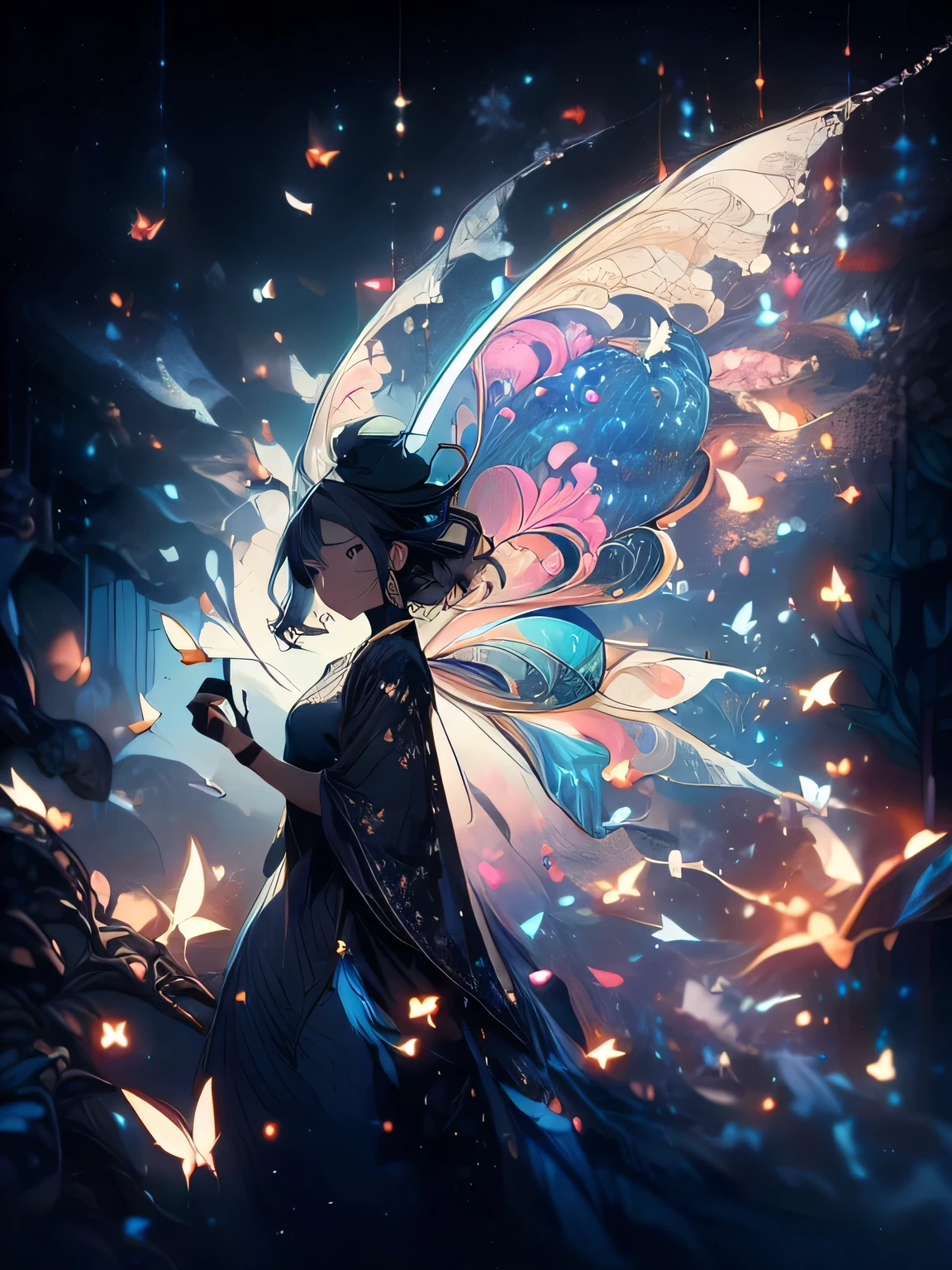 cinematic, fairy, girl, butterfly, forest, night, fantasy art, 8k, detailed, masterpiece, detailed background, detailed effect, ash blossom, pretty girl, white girl, beautiful girl, ((fairy girl)), full body, black hair, blue eyes, ((leaf dress)), ash light, night sky, star