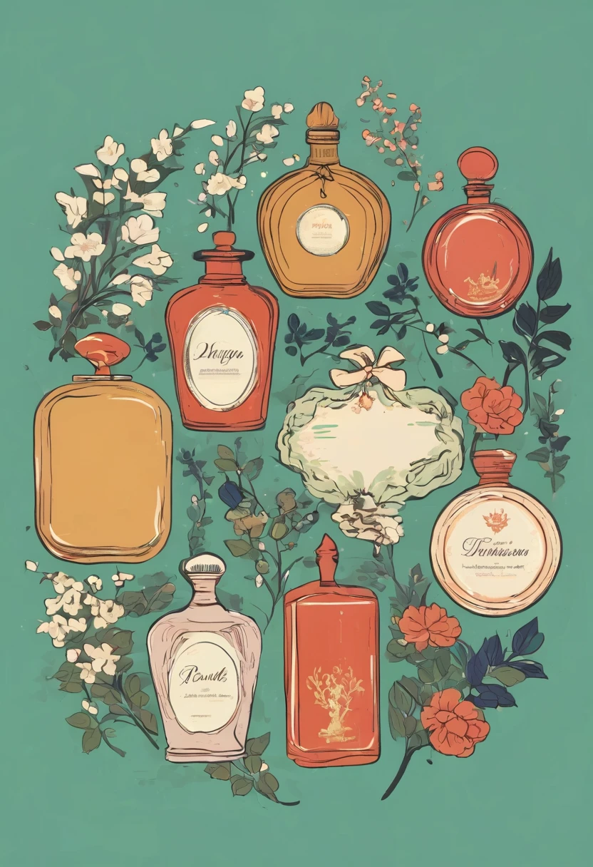 Multiple aligned vintage labels,cute,Perfume bottle,Stylish