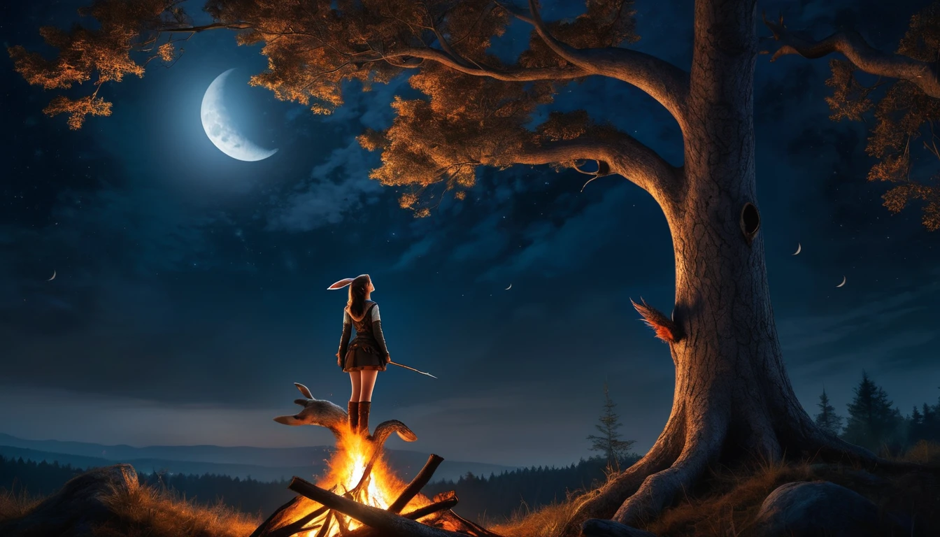 Highest quality Fantasy A young female hunter looking up at a large tree Bonfire rabbit The background is a night forest Crescent Moon