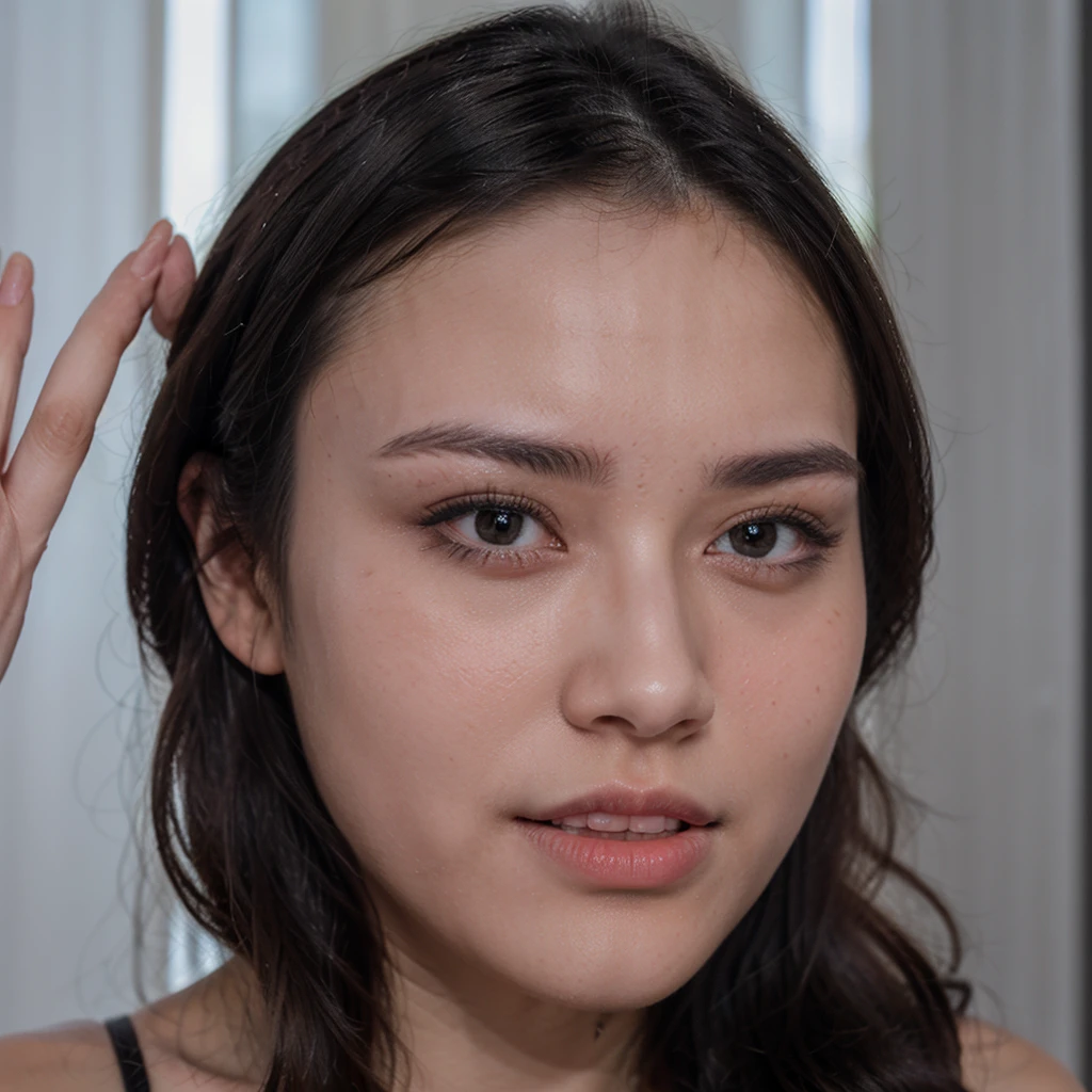 beautiful 20 year old woman, clear eyes, slicked black hair, skin fair, a well-defined face, defined body
