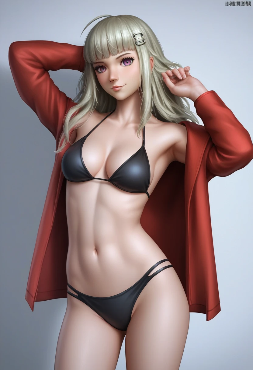 anime girl in ((((no cape)))),(((( black bikini)))), persona 5 art style wlop, style artgerm, extremely detailed artgerm, ! dream artgerm, ig model | artgerm, female protagonist 👀 :8, realistic anime 3 d style, artgerm portrait, anime styled 3d, realistic anime artstyle ((( same  pose showing belly)))(((naked)))((((no jacket)))