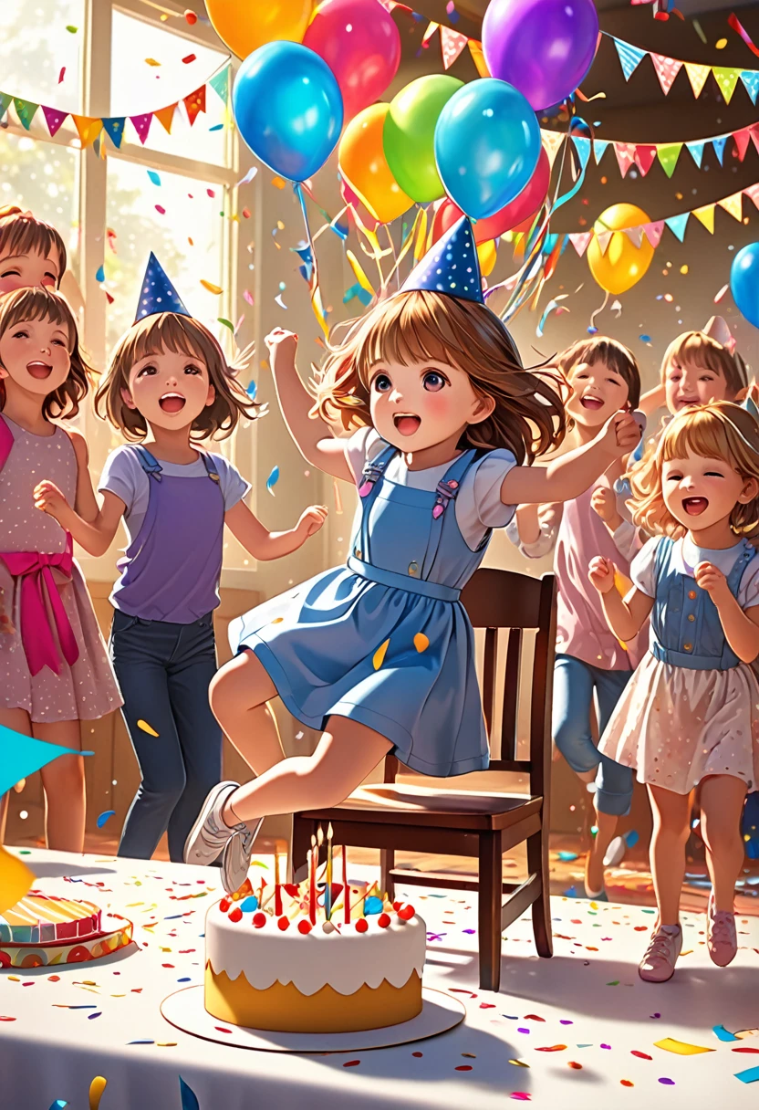 empty chair in the focus, kids around the chair, a  girl at a birthday , one empty chair, kids dancing around the chair, colorful decorations, birthday cake, balloons,  hats, streamers, confetti, warm lighting, vibrant colors, playful atmosphere, detailed faces and expressions, intricate  details, dynamic movement, high definition, photorealistic, 4k, masterpiece