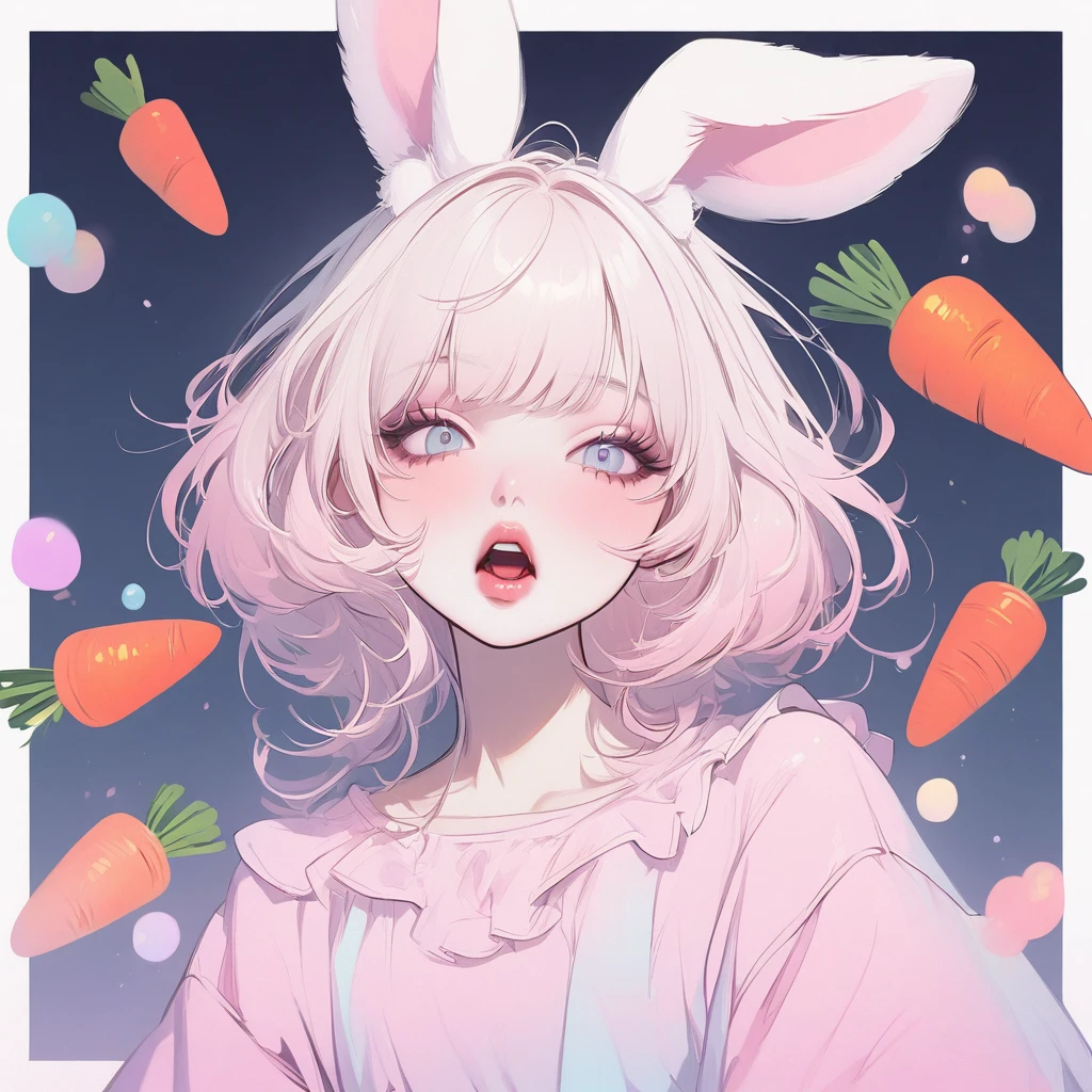 Girl, white hair, albino, beautiful, pastel pink shirt, pastel colors, lipgloss, brat, wide mouth, ethereal, submissive, white bunny ears, cute, fluffy ears, sweet, carrot