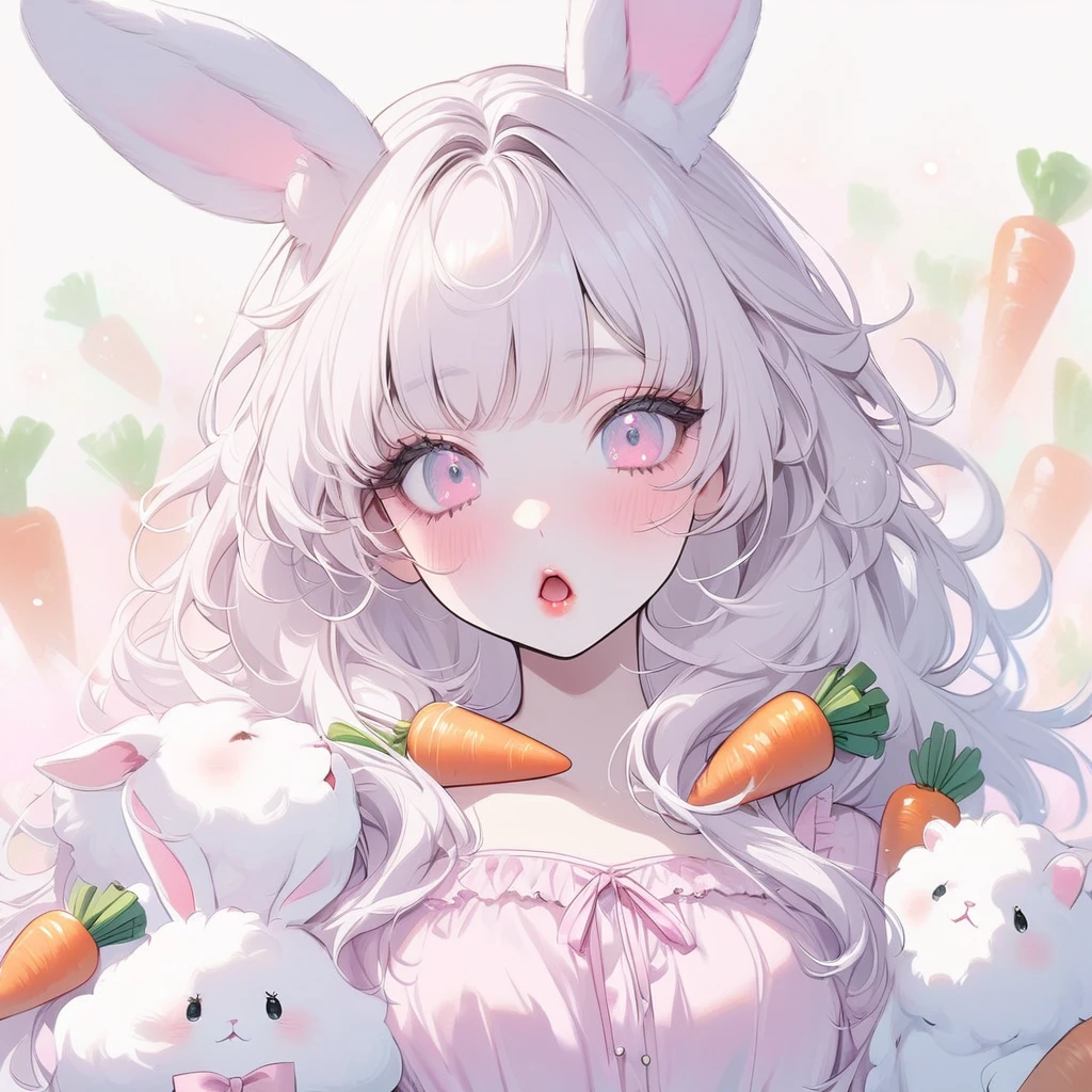 Girl, white hair, albino, beautiful, pastel pink shirt, pastel colors, lipgloss, brat, wide mouth, ethereal, submissive, white bunny ears, cute, fluffy ears, sweet, carrot