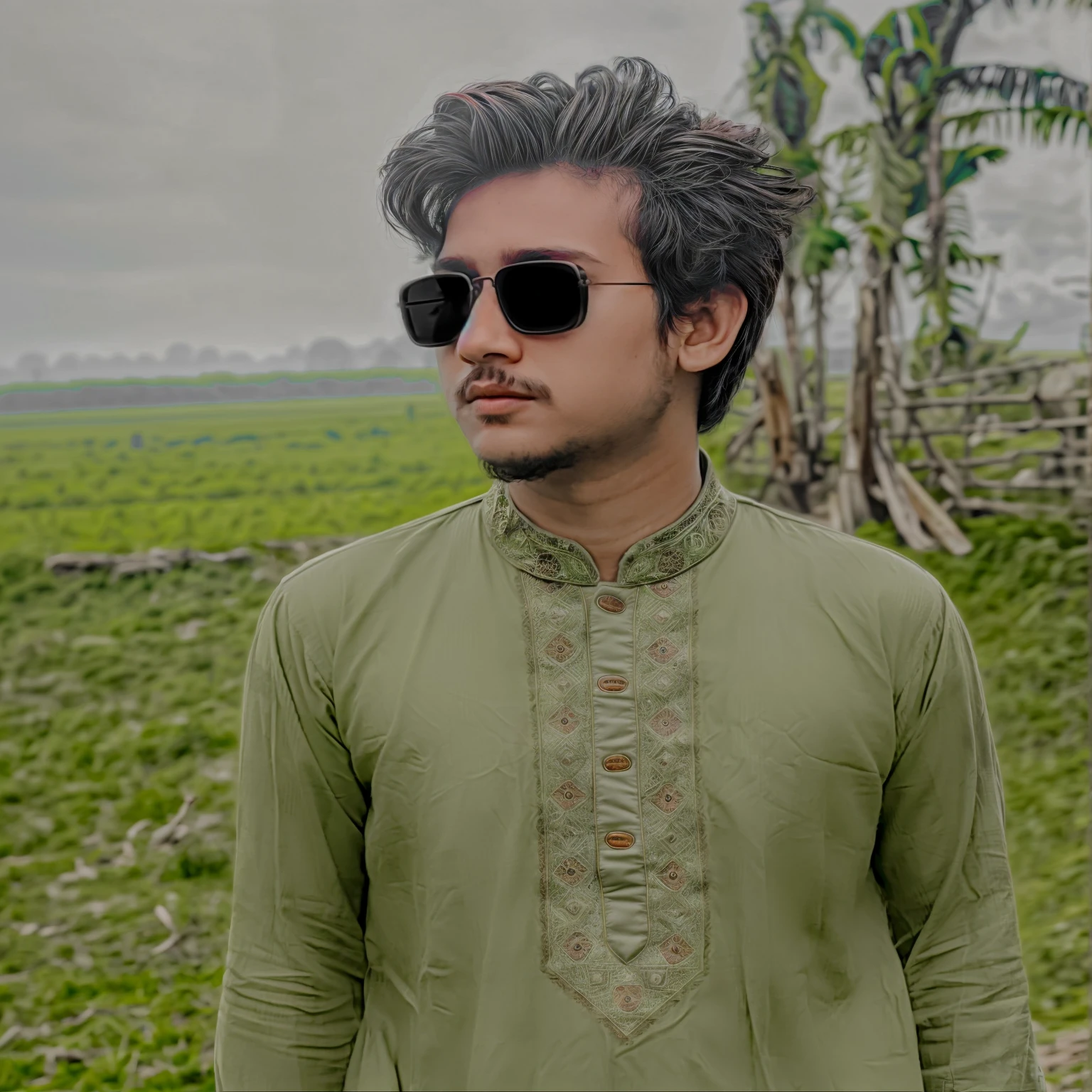 there is a man with sunglasses standing in a field of grass, assamese aesthetic, wearing a kurta, mohamed chahin style, with lovely look, inspired by Basuki Abdullah, with sunglass, green shades, old picture, its name is greeny, ayan nag, made with photoshop, realism artstyle, * colour splash *, potrait, casual photography