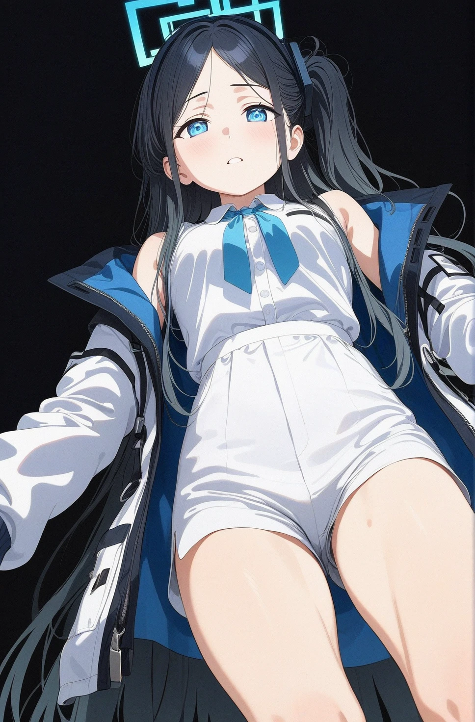 best quality, amazing quality, very aesthetic, absurdres, 1girl, aris (blue archive), blue archive, blue eyes, shorts, (artist official art:1.5), (from below), (realistic face), (narrowed eyes), (cowboy shot), ), panties, (thigh), expressive eyes, perfect face, 4k, extremely detailed anime illustration, extremely detailed eyes, enhanced details, perfect ???????, light rays, photo background, extremely delicate body, smooth skin, feminine expression, (black background:1.5), cristal clear eyes, beautiful face,