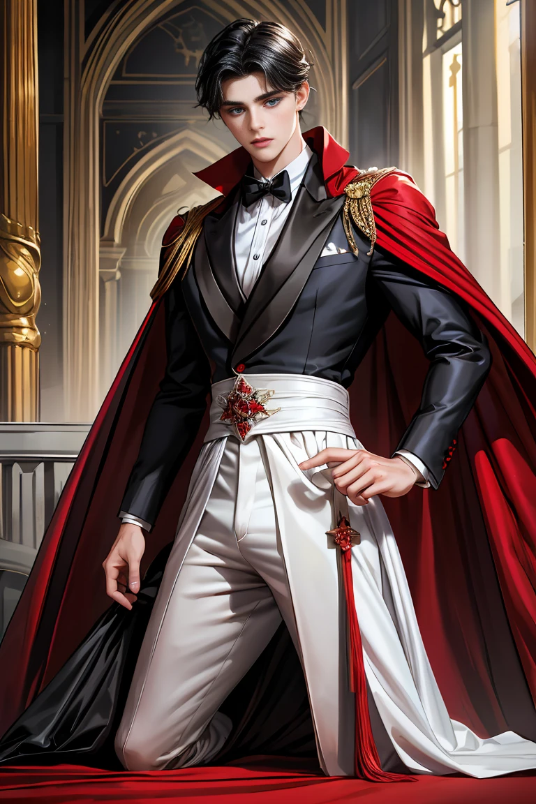 
masterpiece, 最high quality, high quality, 1 boy, alone, Male focus, Watching the audience,  Messy black hair, Adorable big blue eyes, White people, Noble, Noble,Sexy voluminous black and red cape、Tuxedo、A very voluminous, large, very large, very large, long, long red and black cape with a high stand-up collar, reaching down to the floor, made of a lot of fabric., 17 years old,Cute beautiful boys,Cute, cute, kind, handsome guy