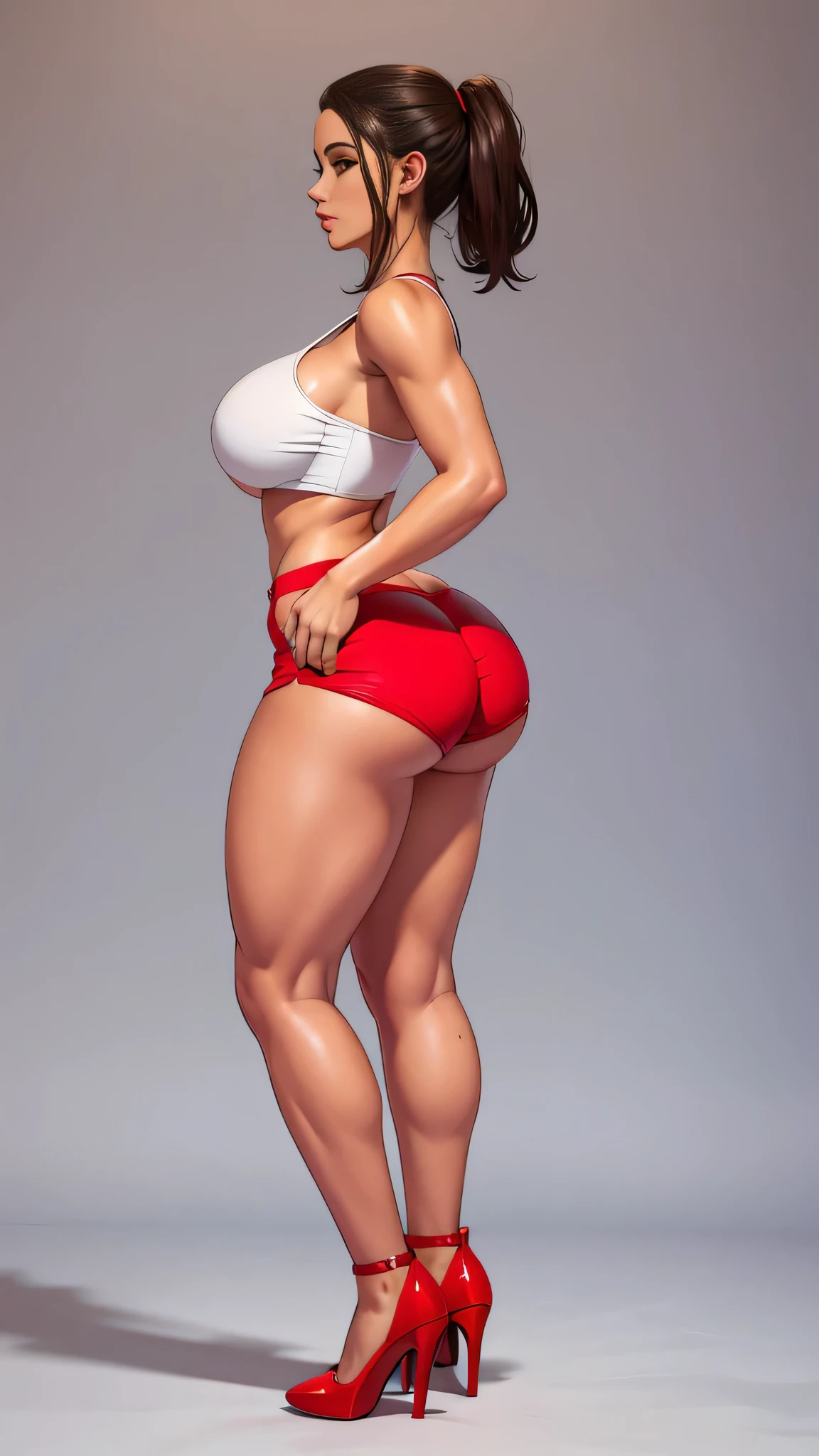 Fit babe, wide breasts, tiny tube-top, upper body turned towards viewer, side view, micro shorts, ass bulge, lower body turned to side, wide round ass, round ass cheeks, full body view, red heels, 