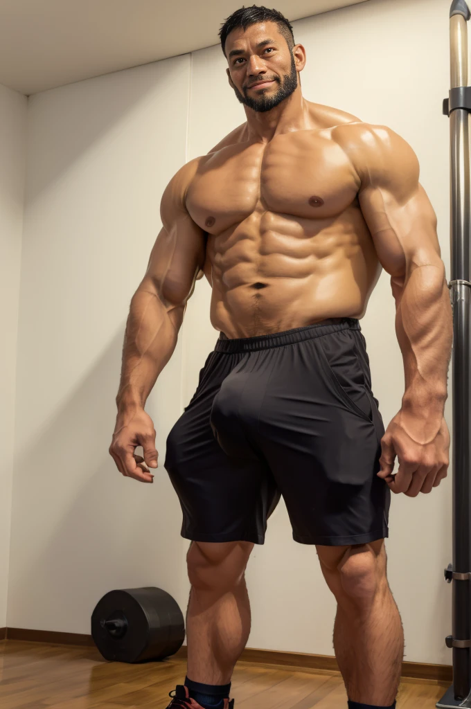 Real life photos,A strong gym teacher walks into the room,Take the barbell,Black barbell,Walking posture,Fitness coach,Looking at the camera,40-year-old Asian man image,Canine,Tiger Teeth,Looking at the camera,Both hands,beard,A kind expression,Kind uncle,A polite greeting,Black short hair,Very short hair,(Fat-encapsulated muscle),Fit and fit,Thick armpit hair,Mermaid line,Loose work shorts,Dirty pants,(There is a huge King Oyster Mushroom in my pants),Leg hair,Thick body hair,Black body hair,Leg hair,cloth shoes,toe,Sexy men,full-body shot,Real person photos,Correct anatomical shape of the limbs,indoor,White Wall,daytime,Full body shot,Fine skin texture,Soft Light,Low contrast images,Highest quality,4k quality,