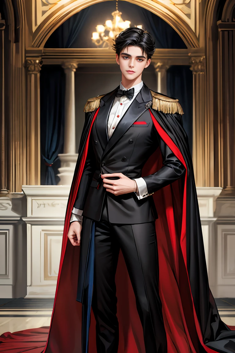 masterpiece, 最high quality, high quality, 1 boy, alone, Male focus, Watching the audience, Messy black hair, Adorable big blue eyes, White people, Noble, Noble,Sexy voluminous black and red cape、Tuxedo、A very voluminous, large, very large, very large, long, long red and black cape with a high stand-up collar, reaching down to the floor, made of a lot of fabric., ,Cute beautiful boys,Cute, cute, kind, handsome guy