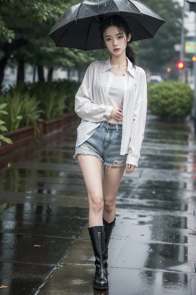 (((best quality))),(((ultra detailed))),(((masterpiece))),illustration,1girl, young,solo, slim,thin,short ponytail,small breasts,flat chest,white collared shirt,shorts,slender legs,boots,standing,rainy night, heavy rain, drenched clothes, melancholy expression, solitude, tear rolling down cheek, wet hair, empty streets, dimly lit, deserted environment, sound of rain, footsteps, discarded umbrella on the ground, symbol of hope, abandoned, resilience, determination, walking in rain, heartbreak, loss, love fading, loneliness, body language, facial expression, dreary atmosphere, rain-soaked streets, somber mood, viewer engagement,full body