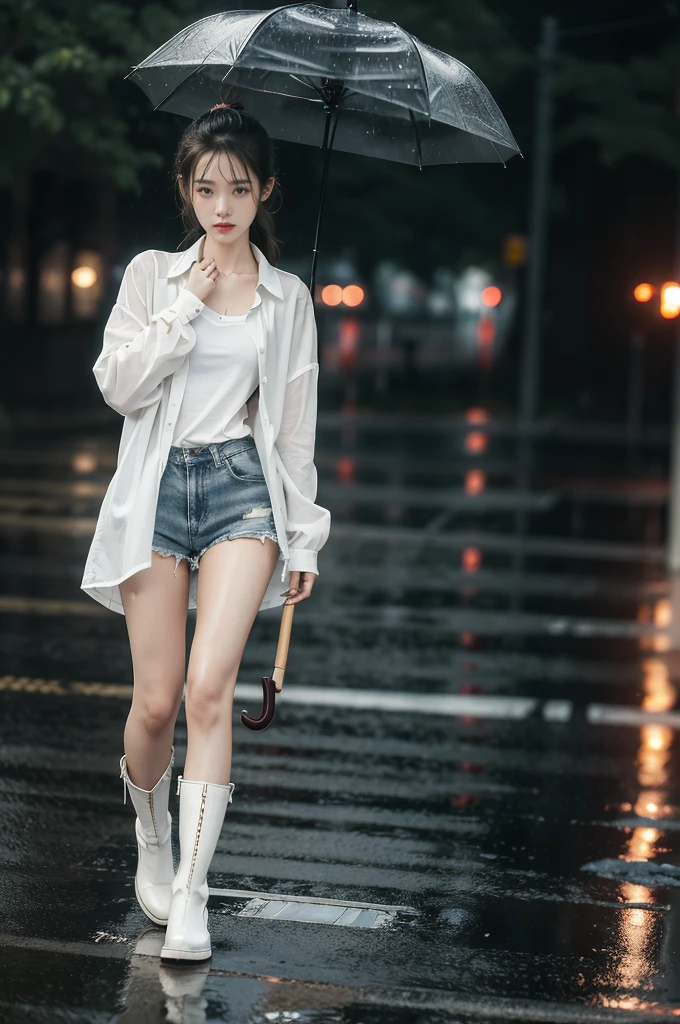 (((best quality))),(((ultra detailed))),(((masterpiece))),illustration,1girl, young,solo, slim,thin,short ponytail,small breasts,flat chest,white collared shirt,shorts,slender legs,boots,standing,rainy night, heavy rain, drenched clothes, melancholy expression, solitude, tear rolling down cheek, wet hair, empty streets, dimly lit, deserted environment, sound of rain, footsteps, discarded umbrella on the ground, symbol of hope, abandoned, resilience, determination, walking in rain, heartbreak, loss, love fading, loneliness, body language, facial expression, dreary atmosphere, rain-soaked streets, somber mood, viewer engagement,full body