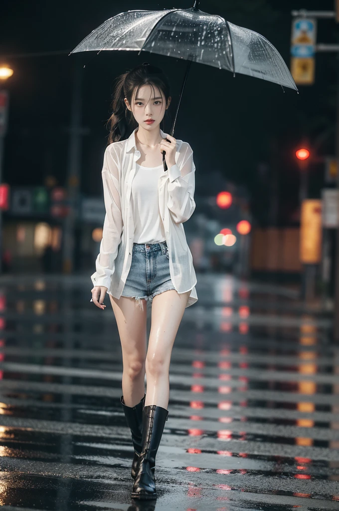 (((best quality))),(((ultra detailed))),(((masterpiece))),illustration,1girl, young,solo, slim,thin,short ponytail,small breasts,flat chest,white collared shirt,shorts,slender legs,boots,standing,rainy night, heavy rain, drenched clothes, melancholy expression, solitude, tear rolling down cheek, wet hair, empty streets, dimly lit, deserted environment, sound of rain, footsteps, discarded umbrella on the ground, symbol of hope, abandoned, resilience, determination, walking in rain, heartbreak, loss, love fading, loneliness, body language, facial expression, dreary atmosphere, rain-soaked streets, somber mood, viewer engagement,full body