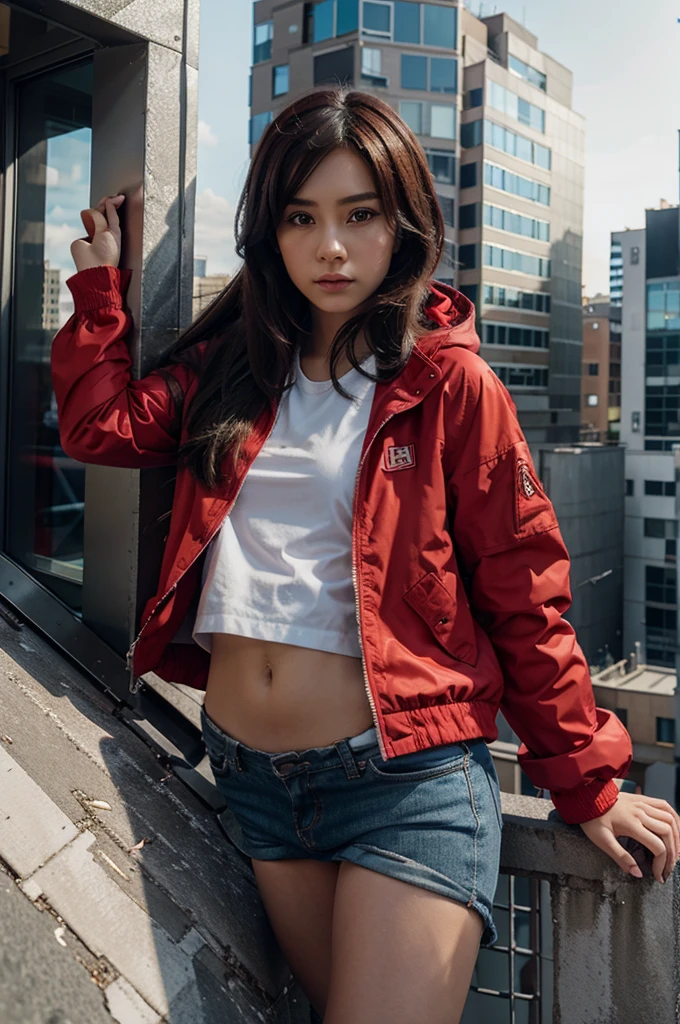 Anime character on top of building in modern city wearing red jacket