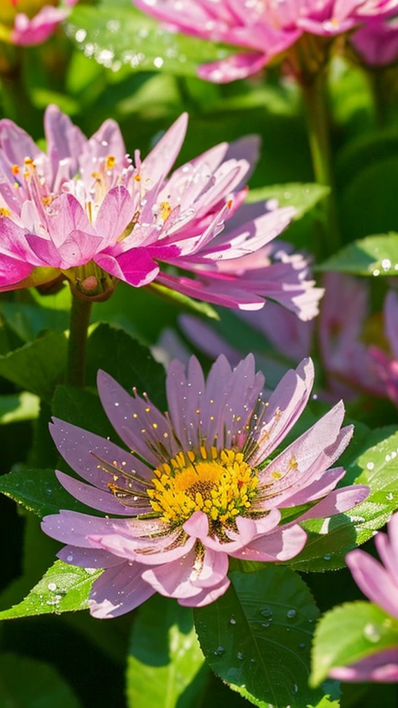 Imagine a vivid close-up, Unusual flowers, The petals spread out in vibrant colors like a kaleidoscope. Dewdrops on the surface reflect the surrounding environment, Make something small, The world reflected in each drop of water. The flowers stand out against a lush, blurry background, Tropical Garden. The scene is brought to life in a vibrant and dynamic digital art style., Inspired by the artistic vision of Luca Martel.