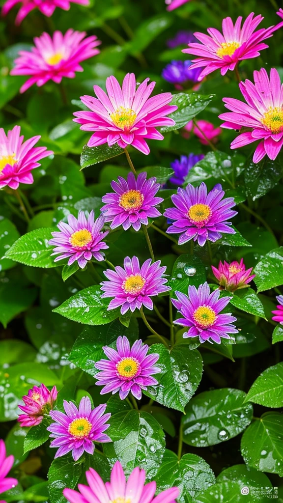 Imagine a vivid close-up, Unusual flowers, The petals spread out in vibrant colors like a kaleidoscope. Dewdrops on the surface reflect the surrounding environment, Make something small, The world reflected in each drop of water. The flowers stand out against a lush, blurry background, Tropical Garden. The scene is brought to life in a vibrant and dynamic digital art style., Inspired by the artistic vision of Luca Martel.