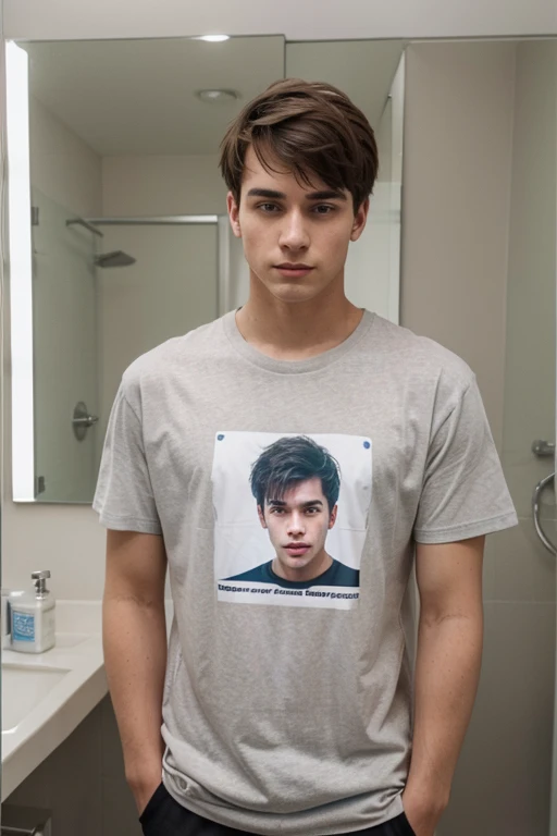A young depressed man ( have a formal t shirt) looks at his own image in a mirror