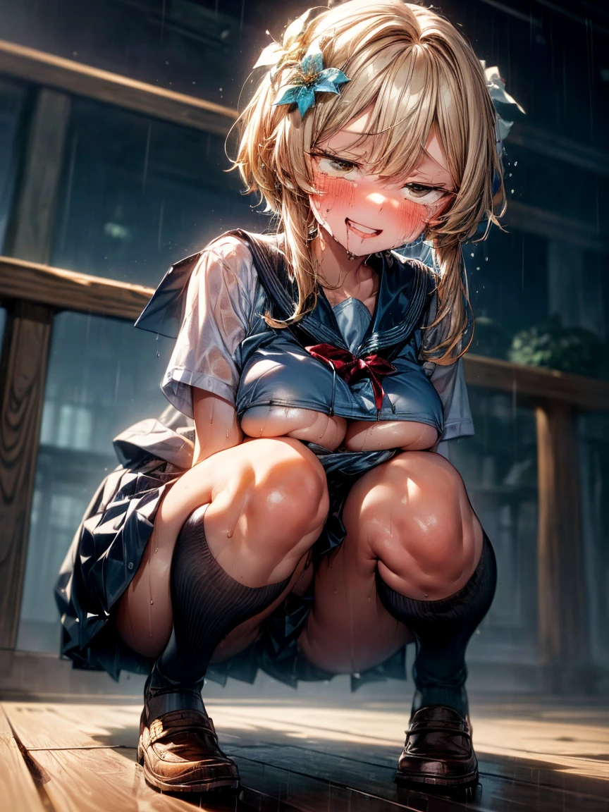 (Very small girl rides guy perfectly:1.5)、(Straddling Girl:1.3)、(Big Breasts)、(eyes half closed:1.3)、(Grin:1.3)、(Big tears:1.3)、(Drooling from the mouth:1.3)、(The body shakes violently)、8K resolution、 ((Highest quality))、Anatomically correct、(Flower Hair Ornaments)、(High School Uniform:1.9)、((Hasselblad Photos))、[:(Detailed face:1.2):0.2]、(heavy rain:1.5)、(Sweaty:1.6)、(Intense squats:1.5)、(Peeing:1.3)、(Underboob:1.6)、(face down:1.5) 、(hollow:1.6)、(Depression)